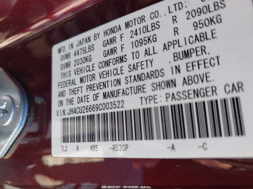 2009 Acura Tsx VIN: JH4CU26669C003522 Lot: 45157357