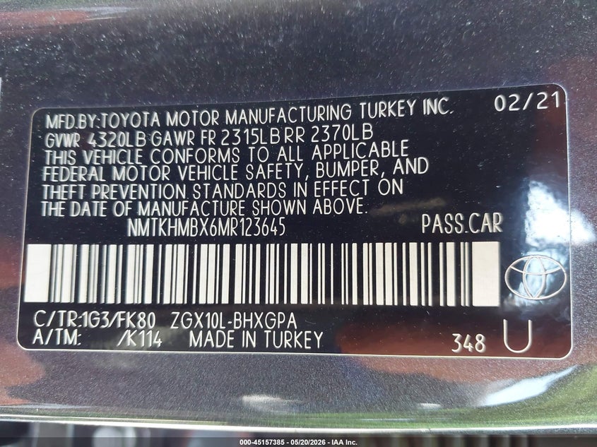 2021 Toyota C-Hr Xle VIN: NMTKHMBX6MR123645 Lot: 45157385