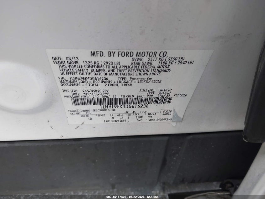 2013 Lincoln Mks VIN: 1LNHL9EK4DG616236 Lot: 45157406
