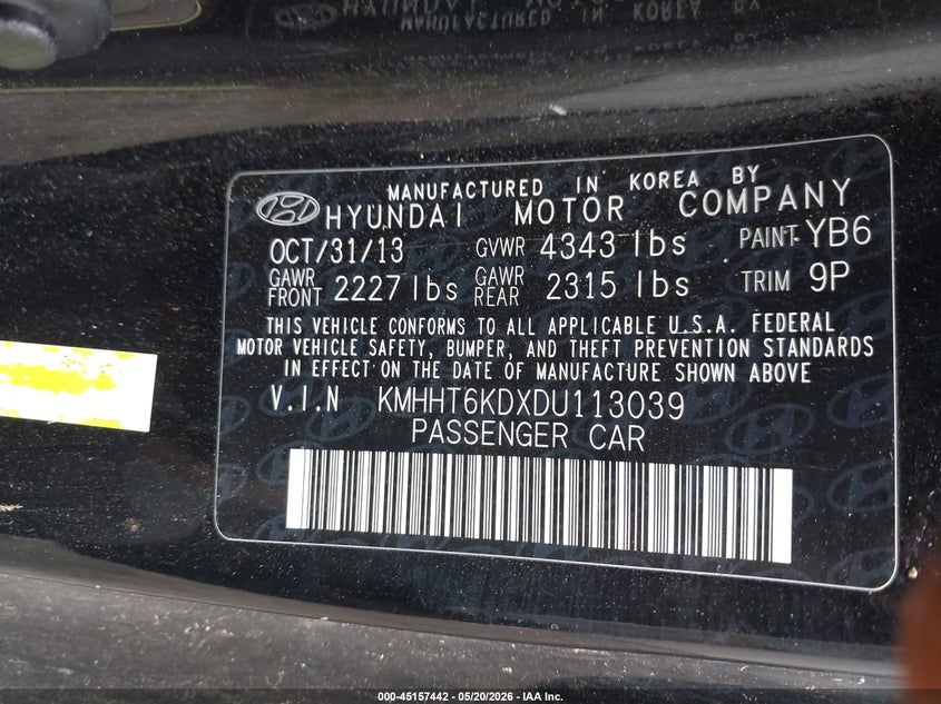2013 Hyundai Genesis 2.0T Premium VIN: KMHHT6KDXDU113039 Lot: 45157442