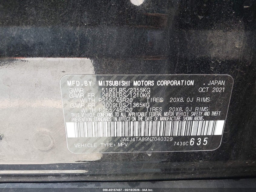 MITSUBISHI OUTLANDER 2022 VIN JA4J4TA89NZ040329