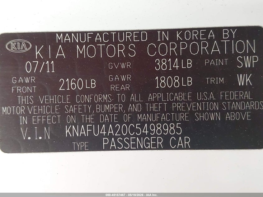 2012 Kia Forte 2.0 Ex white Lot 111045157467 Vin KNAFU4A20C5498985
