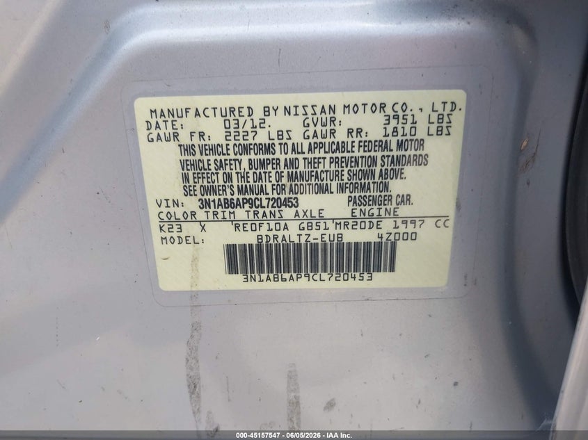 2012 Nissan Sentra 2.0 Sr VIN: 3N1AB6AP9CL720453 Lot: 45157547