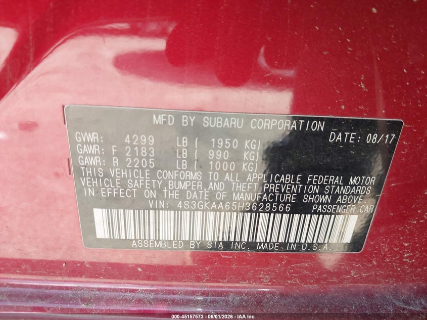 2017 Subaru Impreza 2.0I VIN: 4S3GKAA65H3628566 Lot: 45157573
