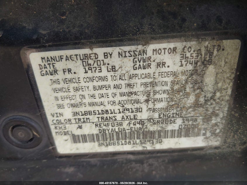 2001 Nissan Sentra Se VIN: 3N1BB51D81L129130 Lot: 45157678