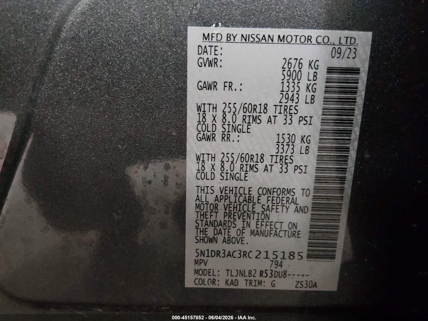 2024 Nissan Pathfinder S 4Wd VIN: 5N1DR3AC3RC215185 Lot: 45157852