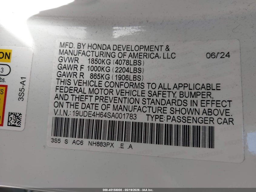 2025 Acura Integra A-Spec Technology VIN: 19UDE4H64SA001783 Lot: 45158008