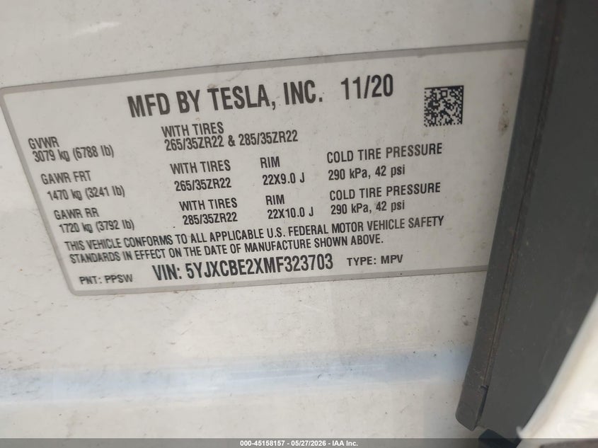 2021 Tesla Model X Long Range Dual Motor All-Wheel Drive/Long Range Plus Dual Motor All-Wheel Drive VIN: 5YJXCBE2XMF323703 Lot: 45158157