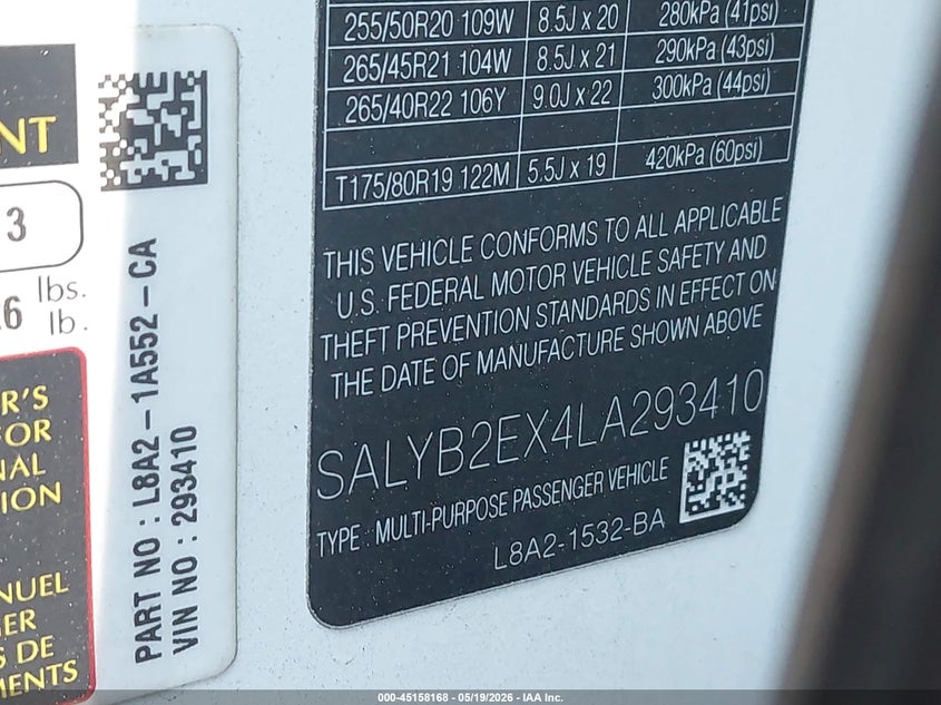 2020 Land Rover Range Rover Velar P250 S VIN: SALYB2EX4LA293410 Lot: 45158168