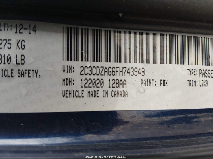 DODGE CHALLENGER 2015 VIN 2C3CDZAG6FH743949