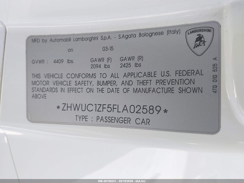 2015 Lamborghini Huracan Lp610-4 VIN: ZHWUC1ZF5FLA02589 Lot: 45158331