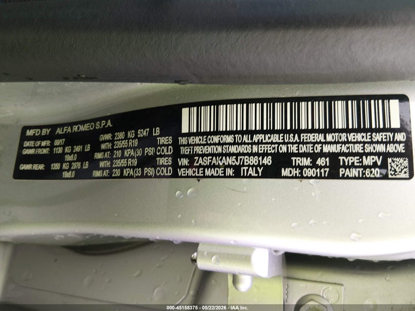2018 Alfa Romeo Stelvio Awd VIN: ZASFAKAN5J7B86146 Lot: 45158375