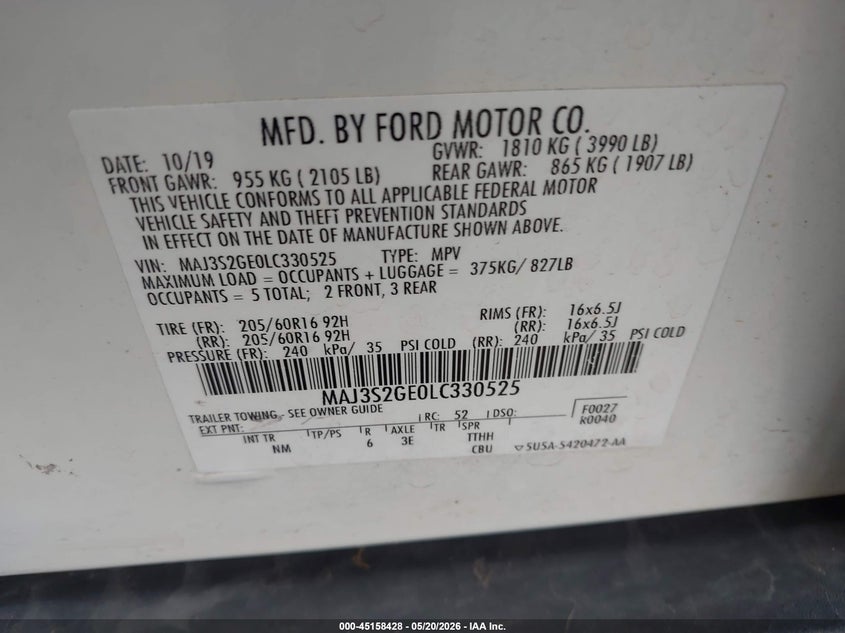 2020 Ford Ecosport Se VIN: MAJ3S2GE0LC330525 Lot: 45158428