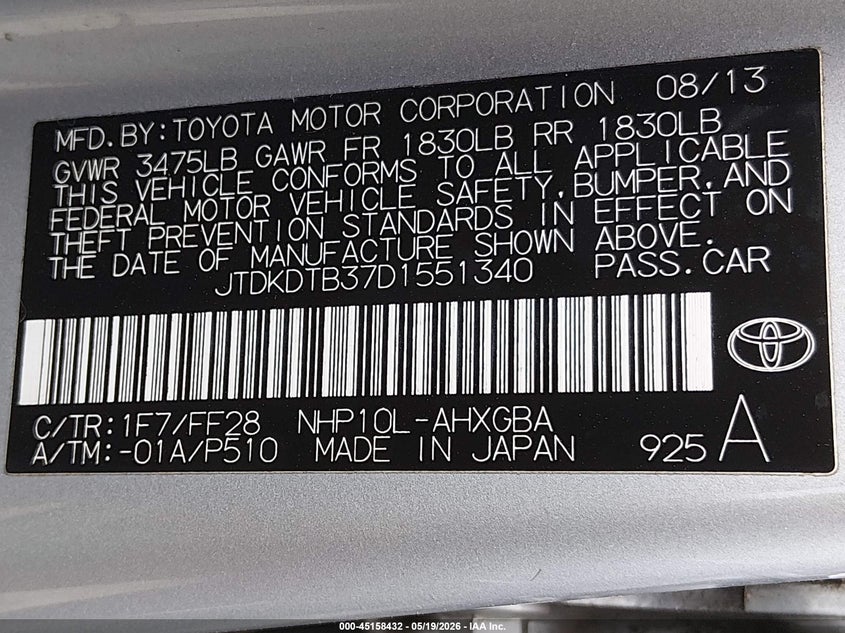 2013 Toyota Prius C Three VIN: JTDKDTB37D1551340 Lot: 45158432
