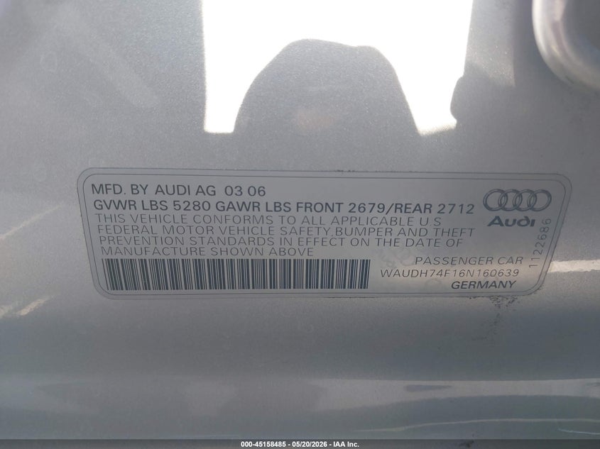 2006 Audi A6 3.2 VIN: WAUDH74F16N160639 Lot: 45158485