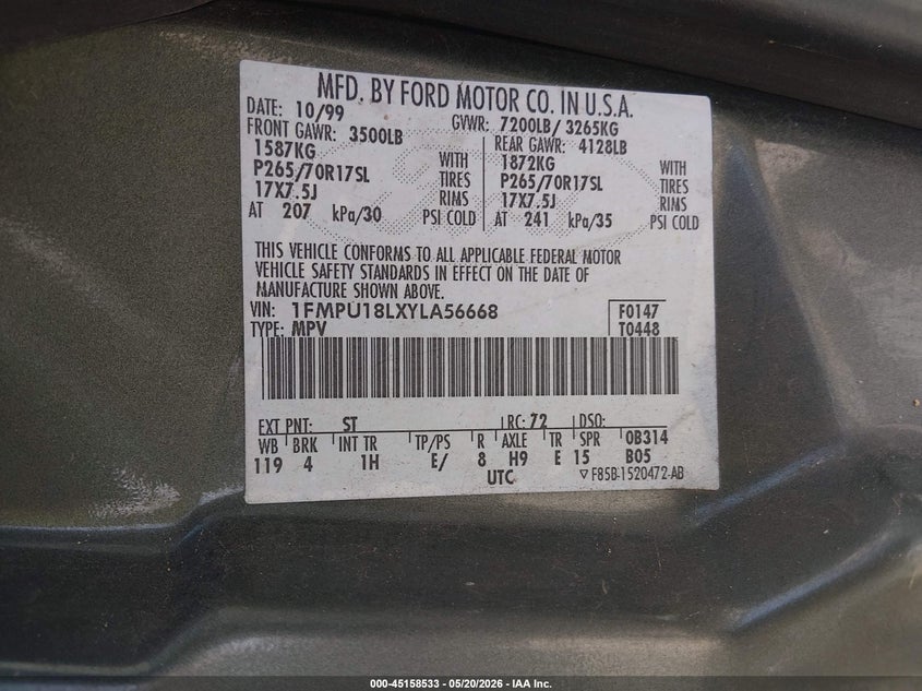 2000 Ford Expedition Eddie Bauer VIN: 1FMPU18LXYLA56668 Lot: 45158533