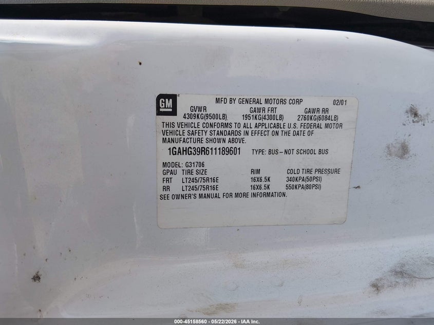 2001 Chevrolet Express VIN: 1GAHG39R611189601 Lot: 45158560