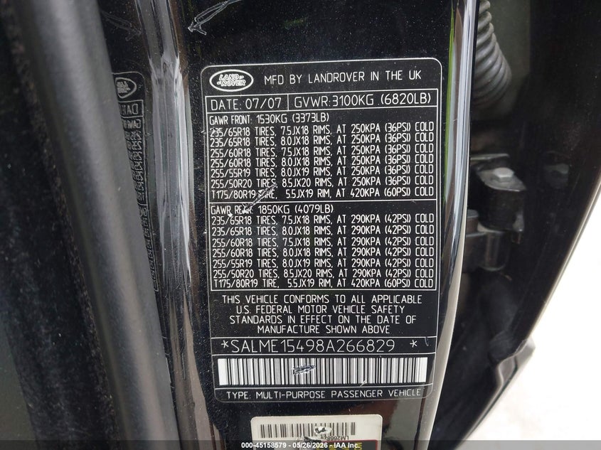 2008 Land Rover Range Rover Hse VIN: SALME15498A266829 Lot: 45158579