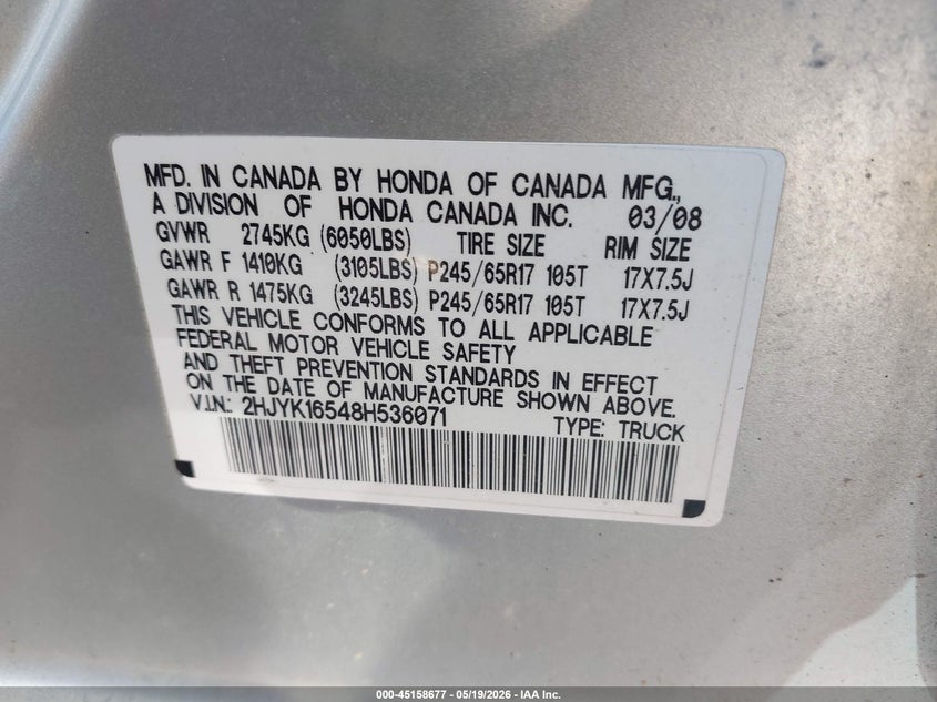 2008 Honda Ridgeline Rtl VIN: 2HJYK16548H536071 Lot: 45158677