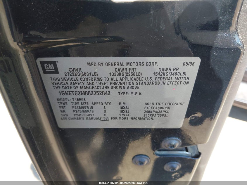 2006 GMC Envoy Denali VIN: 1GKET63M862352842 Lot: 45158702