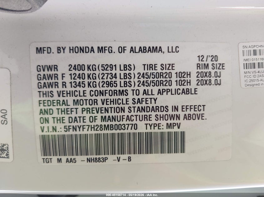2021 Honda Passport 2Wd Sport VIN: 5FNYF7H28MB003770 Lot: 45158714