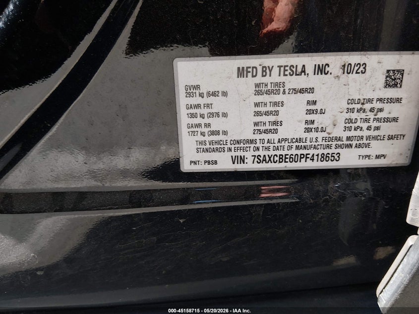 2023 Tesla Model X Plaid Tri Motor All-Wheel Drive VIN: 7SAXCBE60PF418653 Lot: 45158715