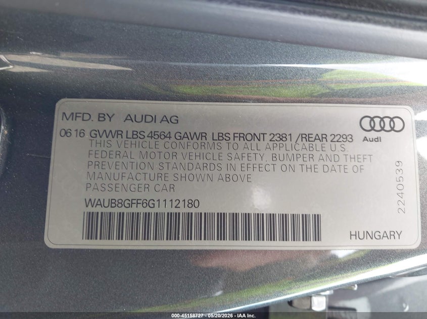 2016 Audi A3 2.0T Premium VIN: WAUB8GFF6G1112180 Lot: 45158727