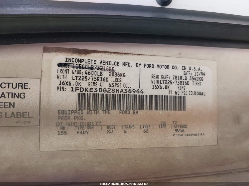 1995 Ford Econoline E350 Cutaway Van VIN: 1FDKE30G2SHA36944 Lot: 45158788