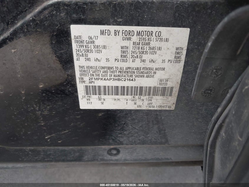 VIN: 2FMPK4AP3HBC21643 2017 FORD EDGE SPORT