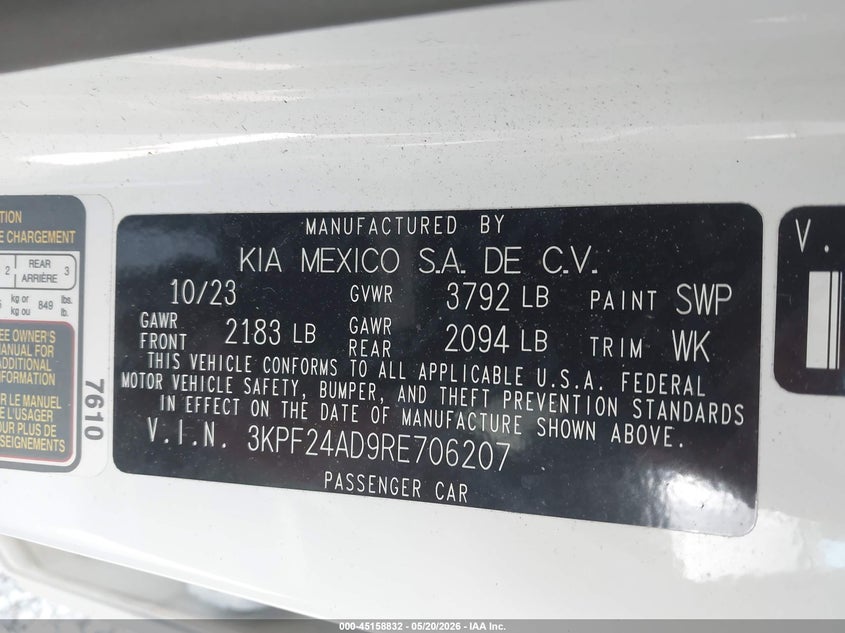 VIN 3KPF24AD9RE706207 2024 KIA FORTE LXS