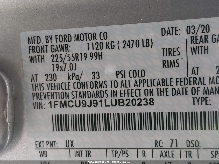 2020 FORD ESCAPE SPORT UTILITY VEHICLE 2.0L I-4 DI, DOHC, VVT, TURBO, 250HP
