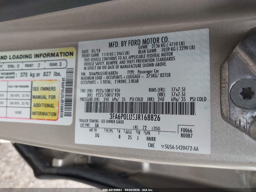 2018 FORD FUSION SEDAN 2.0L I-4 DOHC, VVT, 141HP