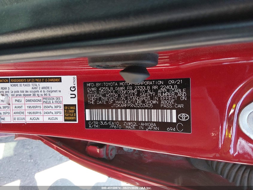 VIN JTDKAMFPXN3203405 2022 TOYOTA PRIUS PRIME LIMITED