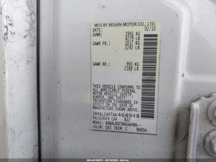 NISSAN ALTIMA 2010 VIN 1N4AL2AP7AN464948