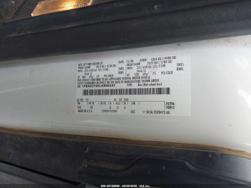 VIN 1FBAX2Y85LKB66243 2020 FORD TRANSIT-350 PASSENGER VAN XL