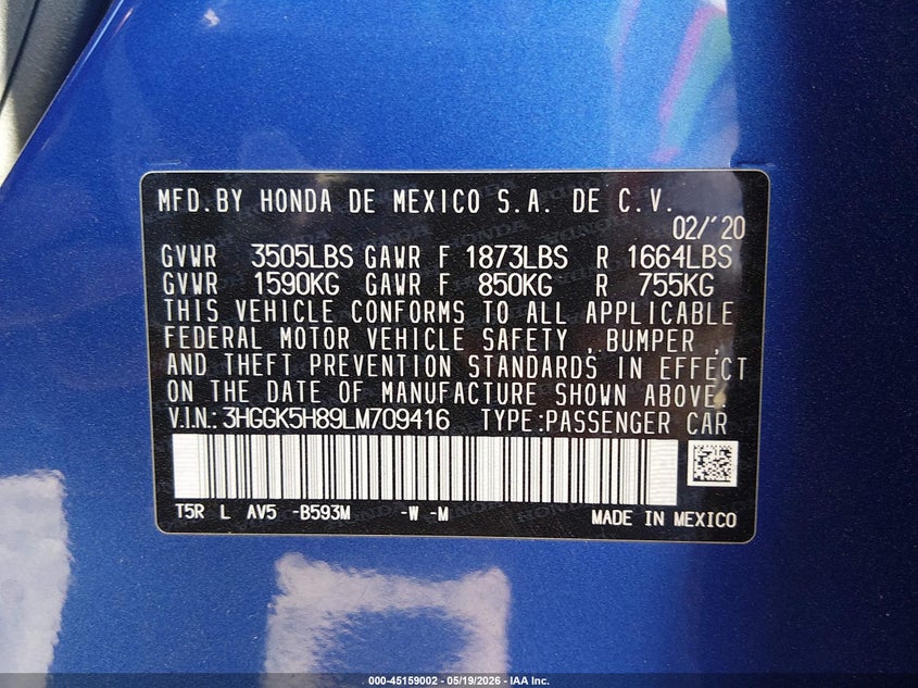 VIN 3HGGK5H89LM709416 2020 HONDA FIT EX