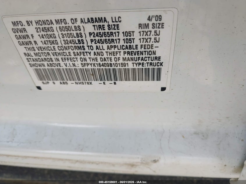 2009 Honda Ridgeline Rts VIN: 5FPYK16409B101591 Lot: 45159001