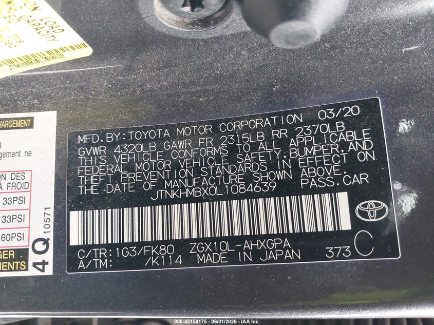 2020 Toyota C-Hr Xle VIN: JTNKHMBX0L1084639 Lot: 45159175