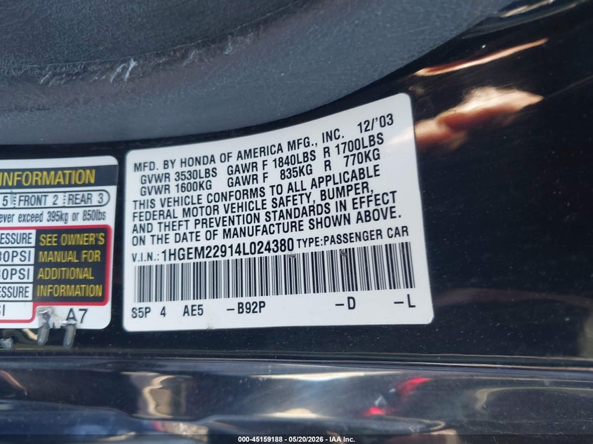 2004 Honda Civic Ex VIN: 1HGEM22914L024380 Lot: 45159188