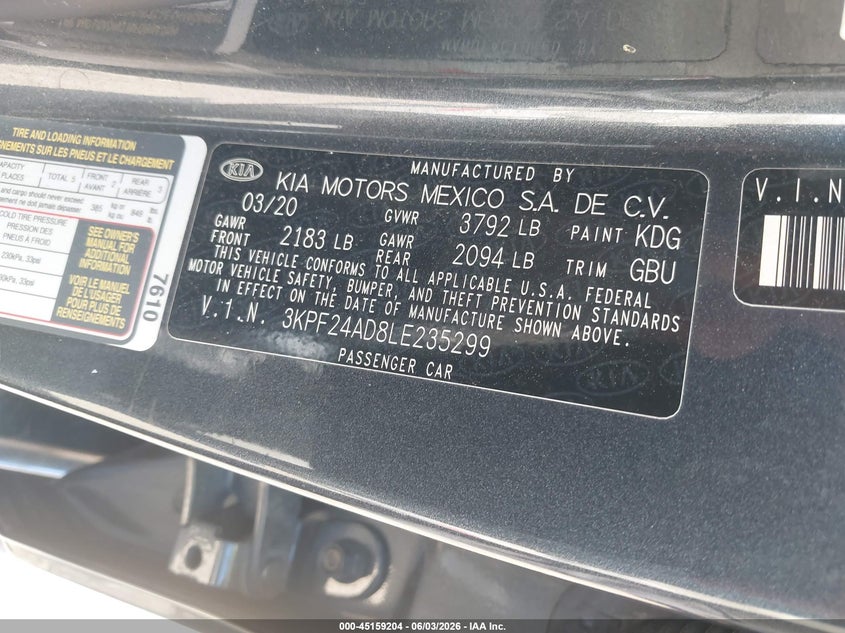 VIN: 3KPF24AD8LE235299 2020 KIA FORTE