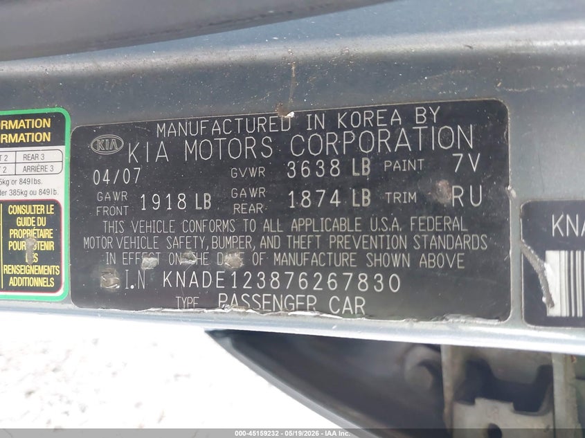 2007 Kia Rio Lx VIN: KNADE123876267830 Lot: 45159232