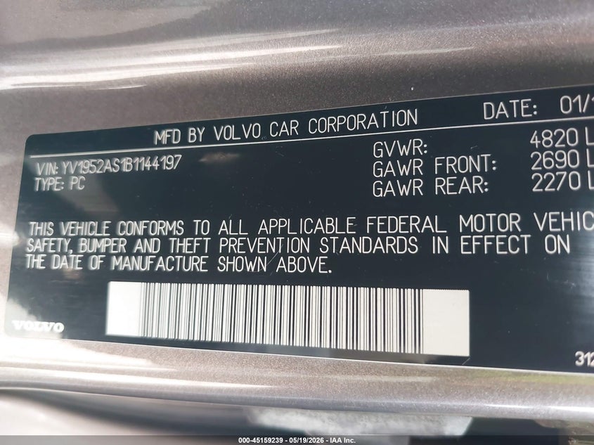 2011 Volvo S80 3.2 VIN: YV1952AS1B1144197 Lot: 45159239