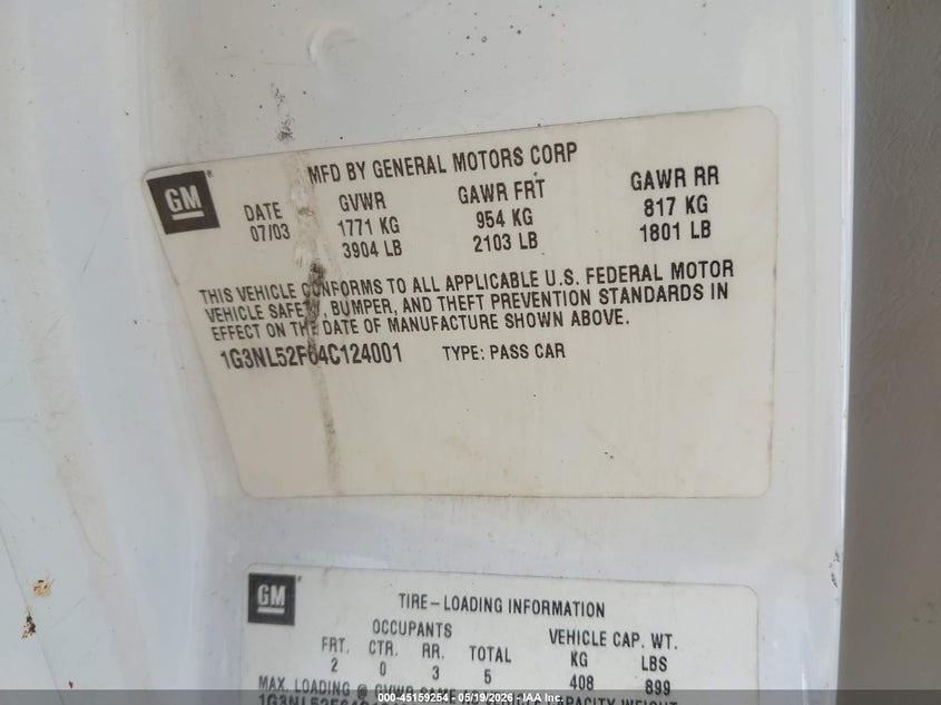 2004 Oldsmobile Alero Gl1 VIN: 1G3NL52F64C124001 Lot: 45159254