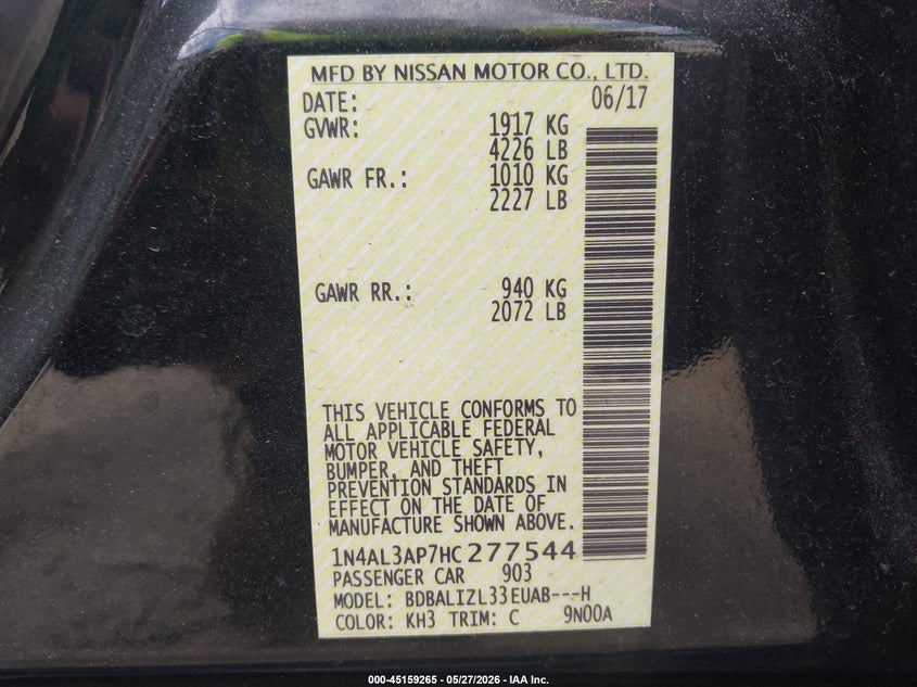 VIN 1N4AL3AP7HC277544 2017 NISSAN ALTIMA 2.5 SV