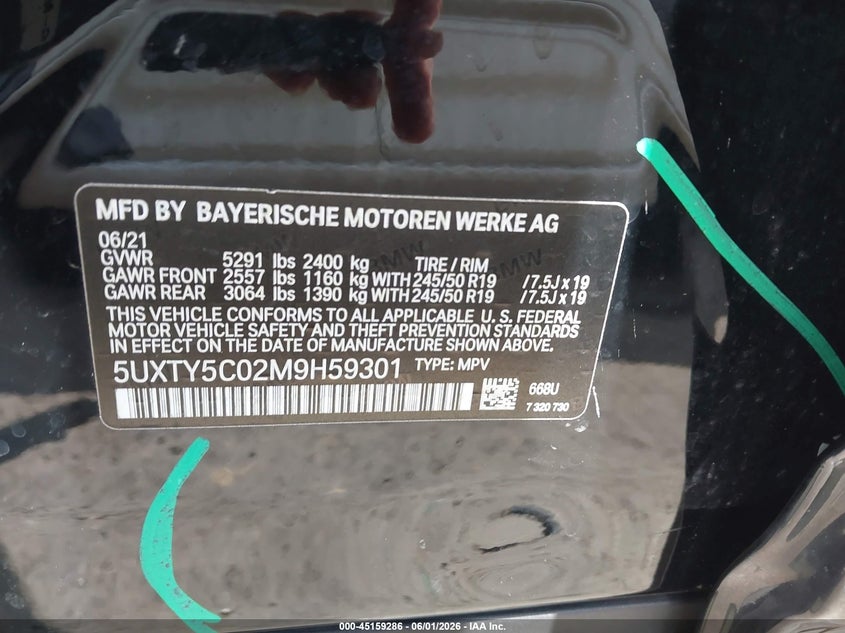 2021 BMW X3 xDrive30I VIN: 5UXTY5C02M9H59301 Lot: 45159286