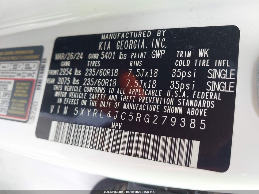 2024 KIA SORENTO(VIN: 5XYRL4JC5RG279385