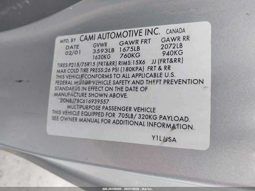 2001 Chevrolet Tracker Zr2 VIN: 2CNBJ78C616939557 Lot: 45159300