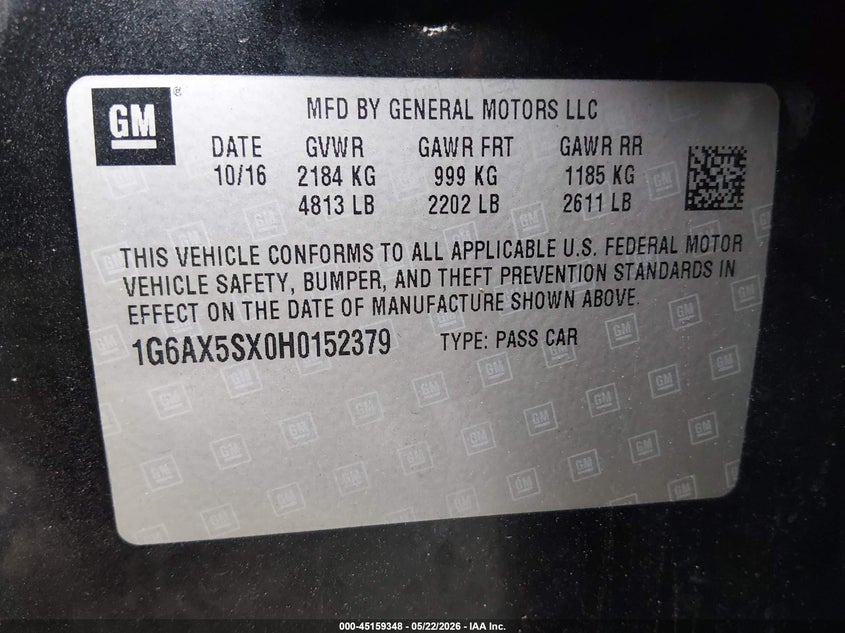 2017 Cadillac Cts Luxury VIN: 1G6AX5SX0H0152379 Lot: 45159348