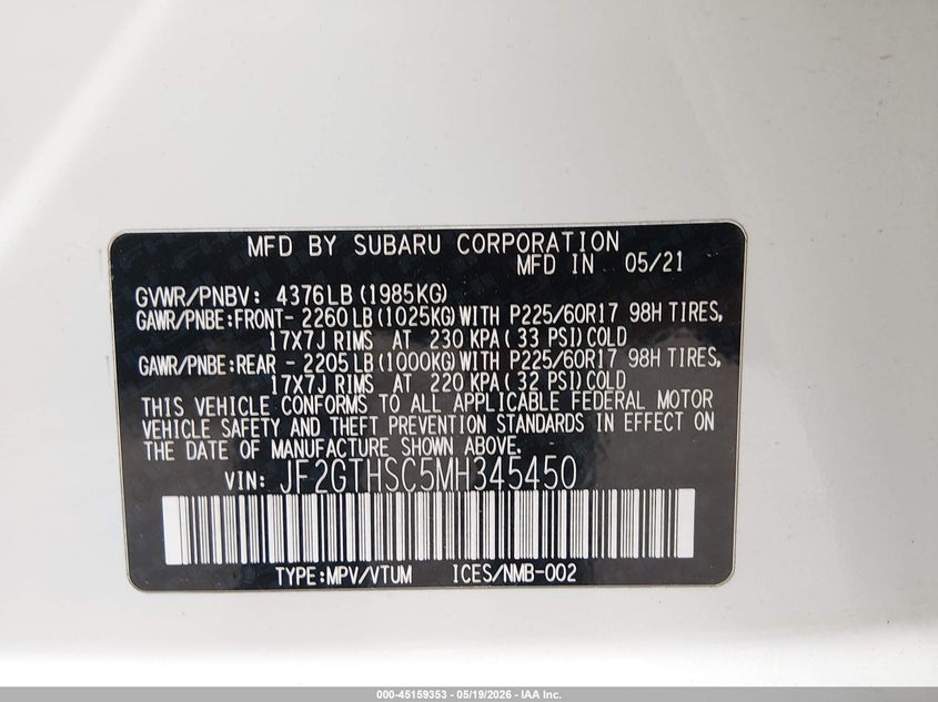 2021 SUBARU XV SPORT UTILITY VEHICLE 2.5L H-4 DI, DOHC, VVT, 182HP