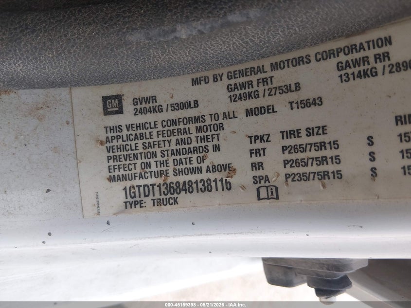 2004 GMC Canyon Sle VIN: 1GTDT136848138116 Lot: 45159398